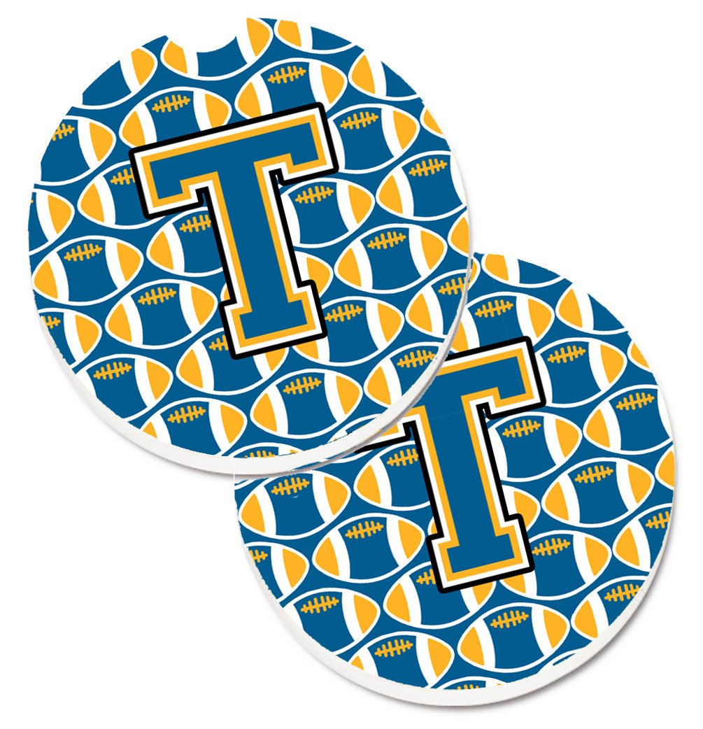 Letter T Football Blue and Gold Set of 2 Cup Holder Car Coasters CJ1077-TCARC by Caroline's Treasures