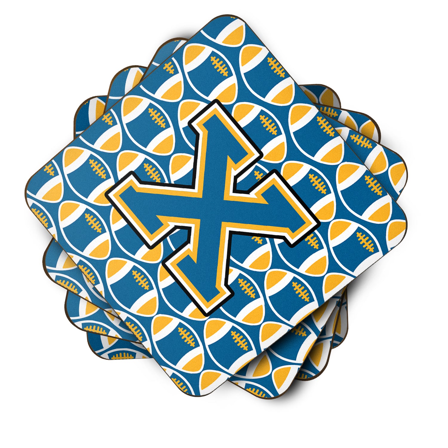 Letter X Football Blue and Gold Foam Coaster Set of 4 CJ1077-XFC - the-store.com