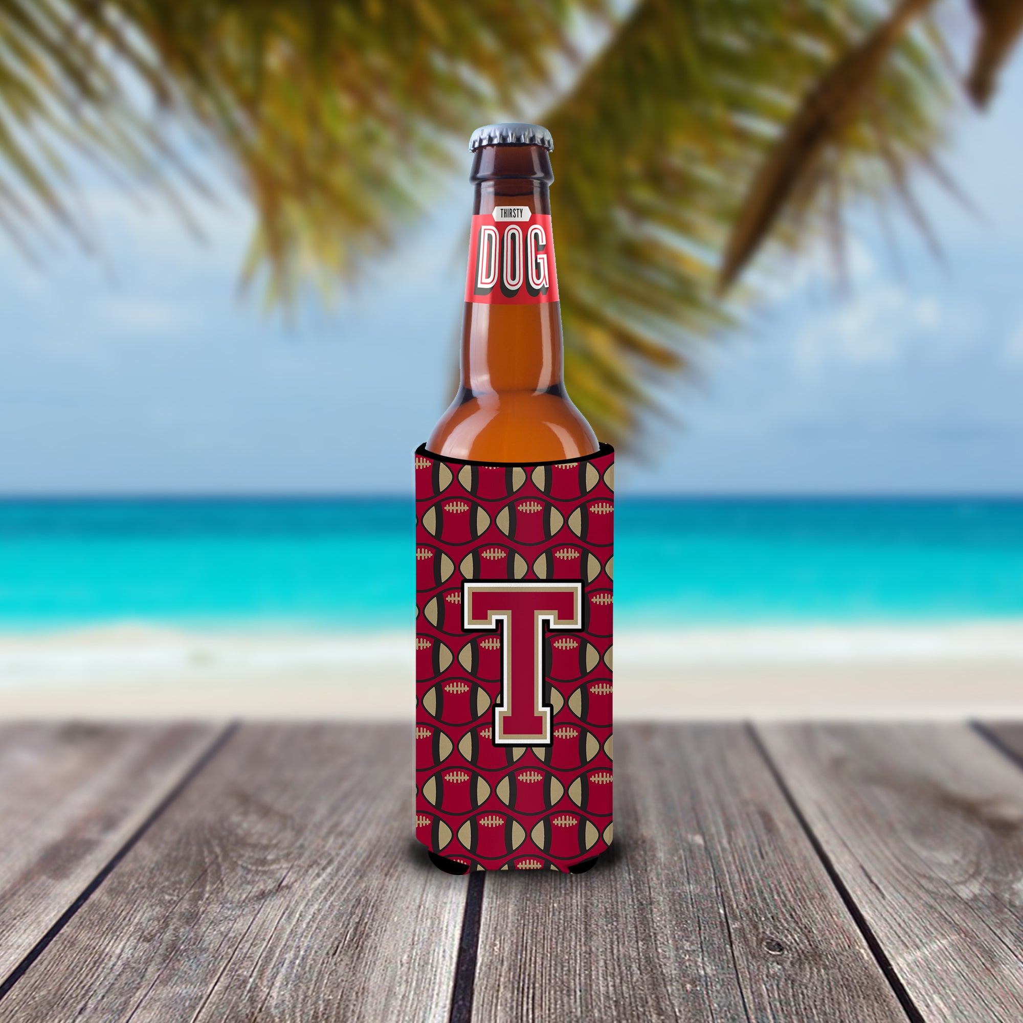 Letter T Football Garnet and Gold Ultra Beverage Insulators for slim cans CJ1078-TMUK.