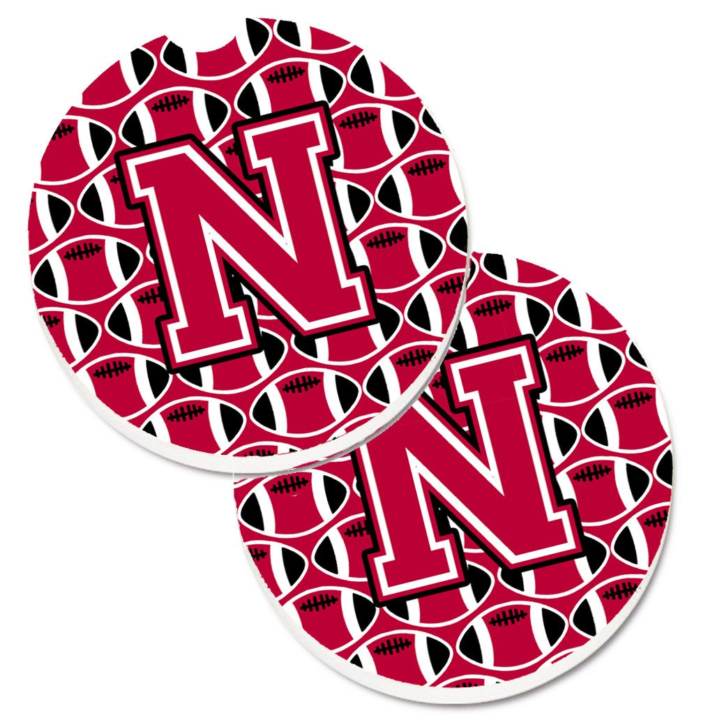 Letter N Football Crimson and White Set of 2 Cup Holder Car Coasters CJ1079-NCARC by Caroline's Treasures