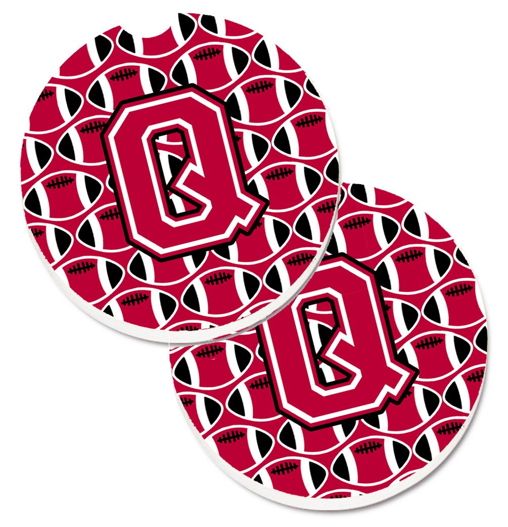 Letter Q Football Crimson and White Set of 2 Cup Holder Car Coasters CJ1079-QCARC by Caroline&#39;s Treasures