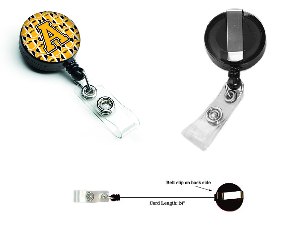 Letter A Football Black, Old Gold and White Retractable Badge Reel CJ1080-ABR.