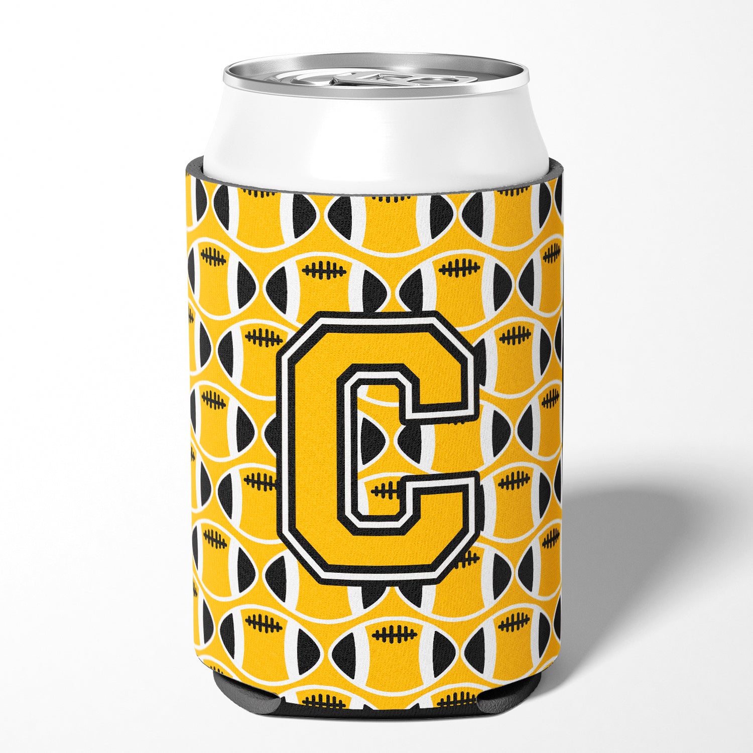Letter C Football Black, Old Gold and White Can or Bottle Hugger CJ1080-CCC.