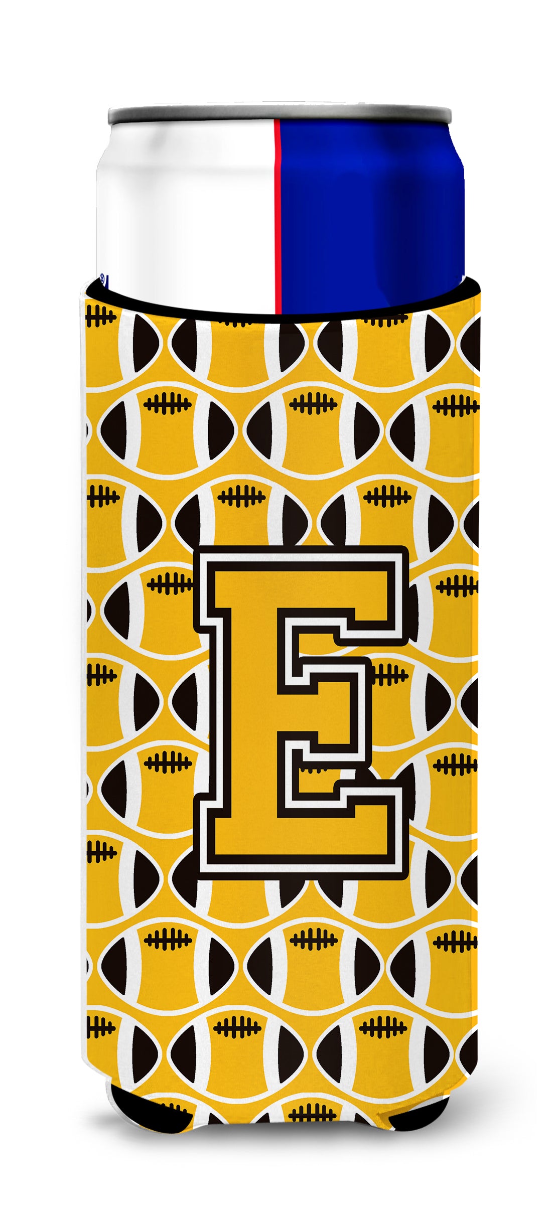 Letter E Football Black, Old Gold and White Ultra Beverage Insulators for slim cans CJ1080-EMUK.