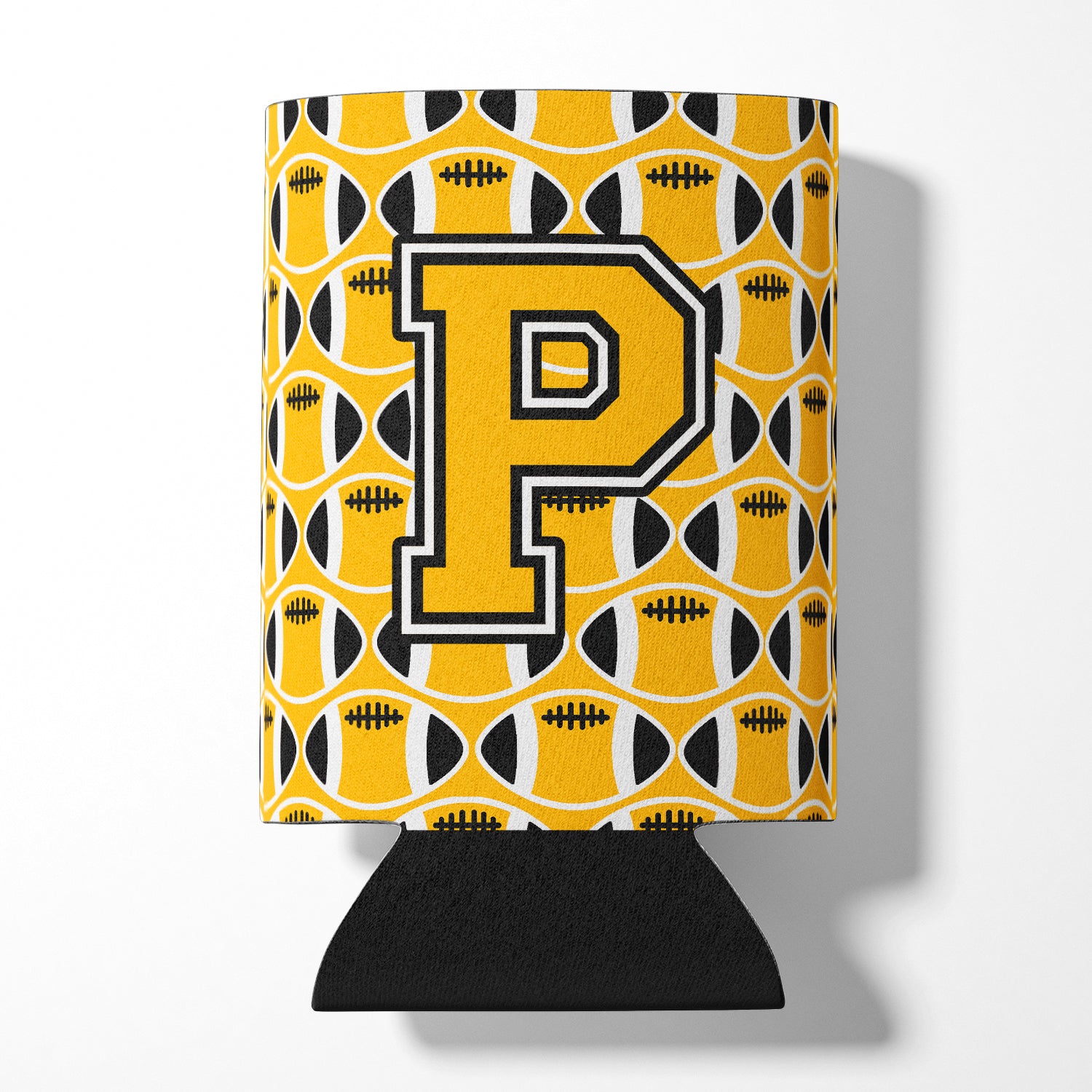 Letter P Football Black, Old Gold and White Can or Bottle Hugger CJ1080-PCC.