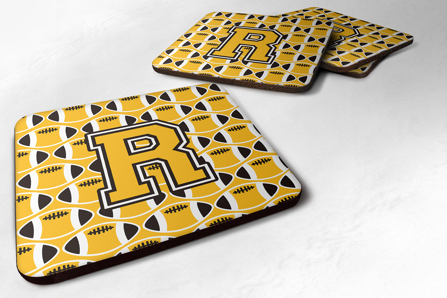 Letter R Football Black, Old Gold and White Foam Coaster Set of 4 CJ1080-RFC - the-store.com
