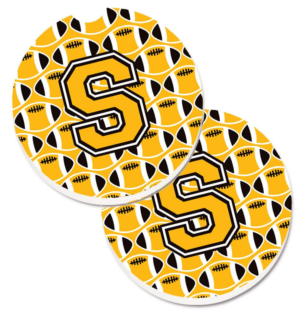 Letter S Football Black, Old Gold and White Set of 2 Cup Holder Car Coasters CJ1080-SCARC by Caroline's Treasures
