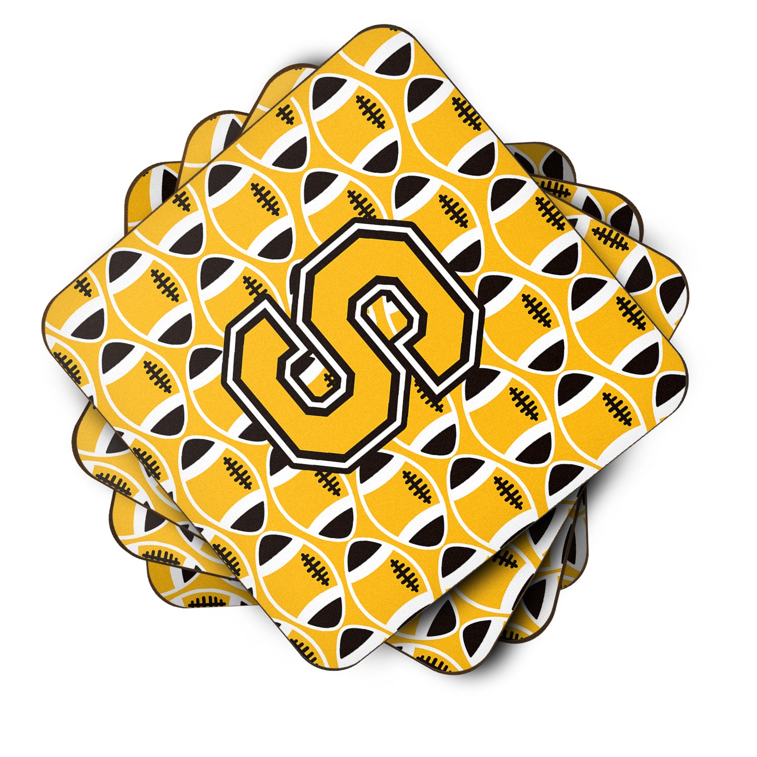 Letter S Football Black, Old Gold and White Foam Coaster Set of 4 CJ1080-SFC - the-store.com