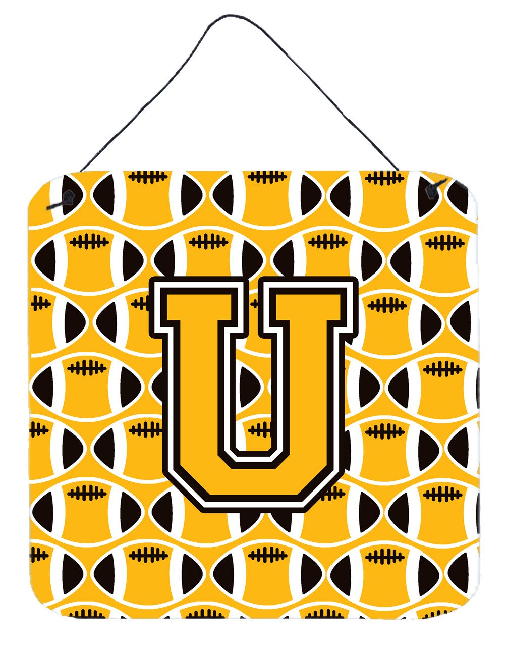 Letter U Football Black, Old Gold and White Wall or Door Hanging Prints CJ1080-UDS66 by Caroline's Treasures