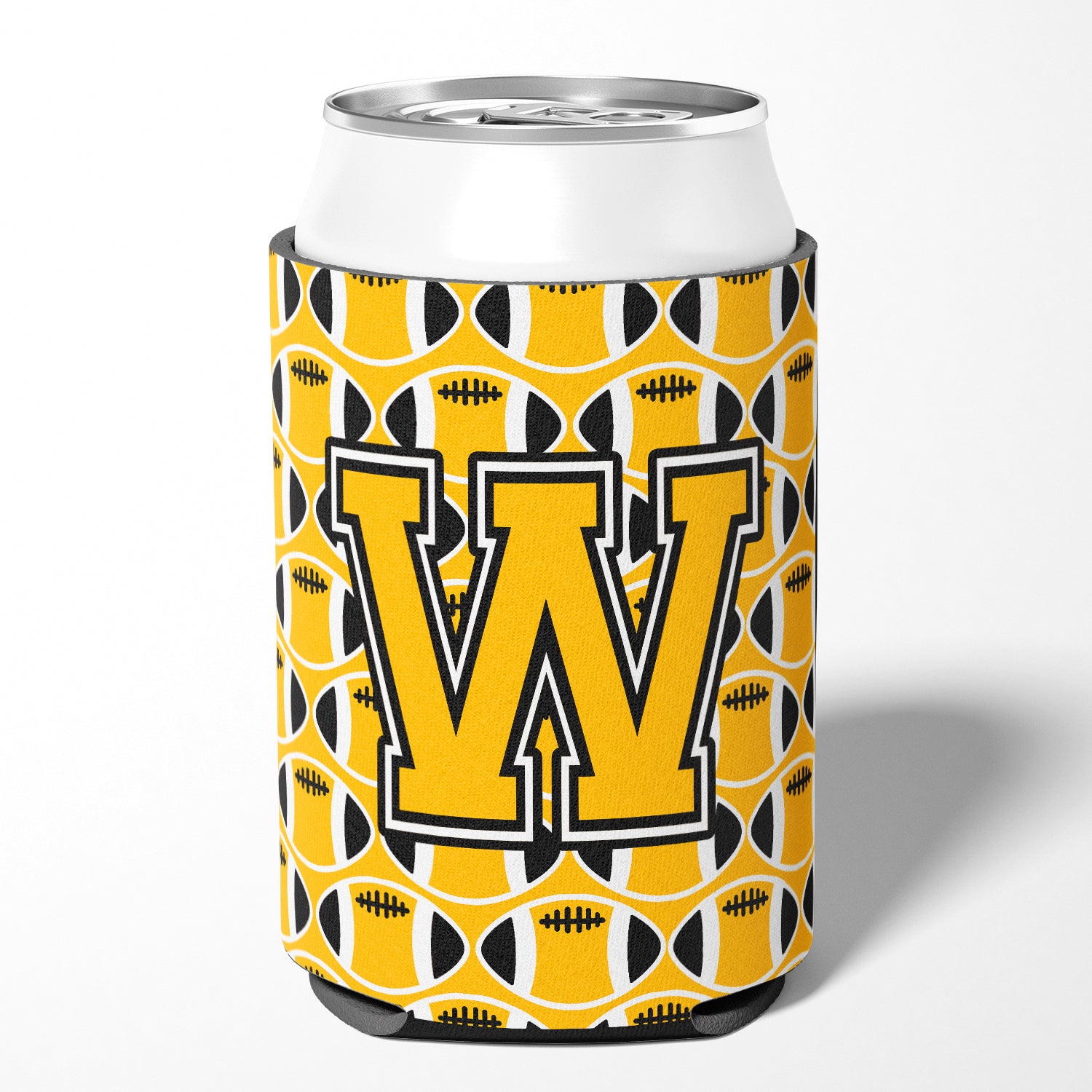 Letter W Football Black, Old Gold and White Can or Bottle Hugger CJ1080-WCC.
