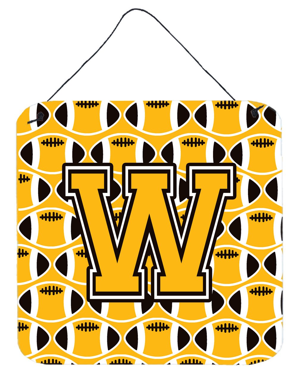 Letter W Football Black, Old Gold and White Wall or Door Hanging Prints CJ1080-WDS66 by Caroline's Treasures