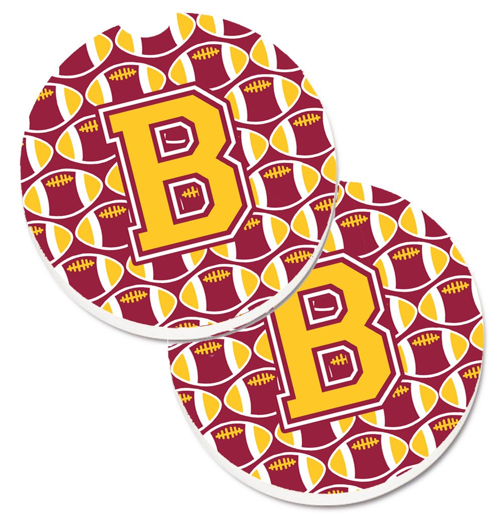 Letter B Football Maroon and Gold Set of 2 Cup Holder Car Coasters CJ1081-BCARC by Caroline's Treasures