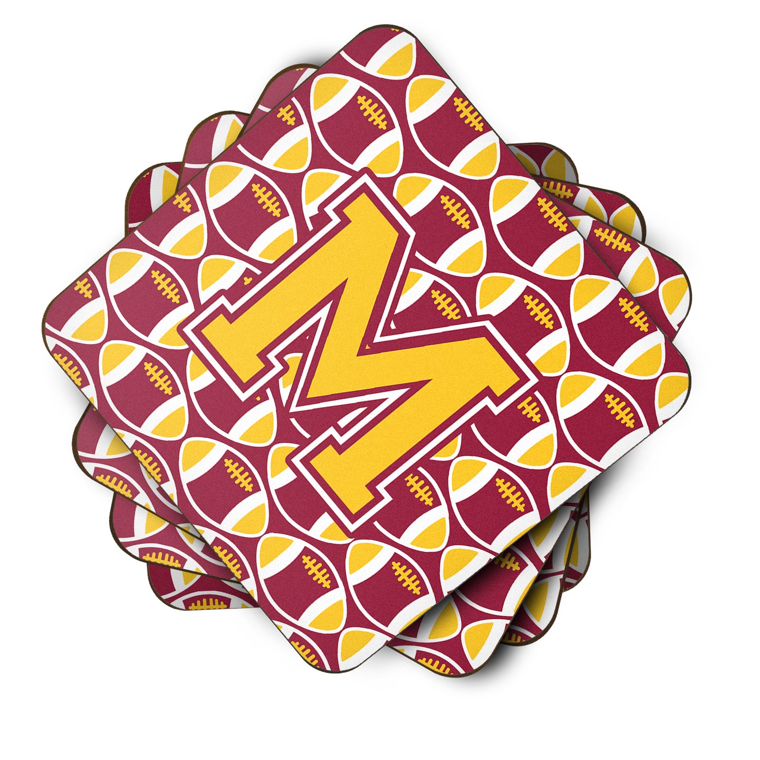 Letter M Football Maroon and Gold Foam Coaster Set of 4 CJ1081-MFC - the-store.com