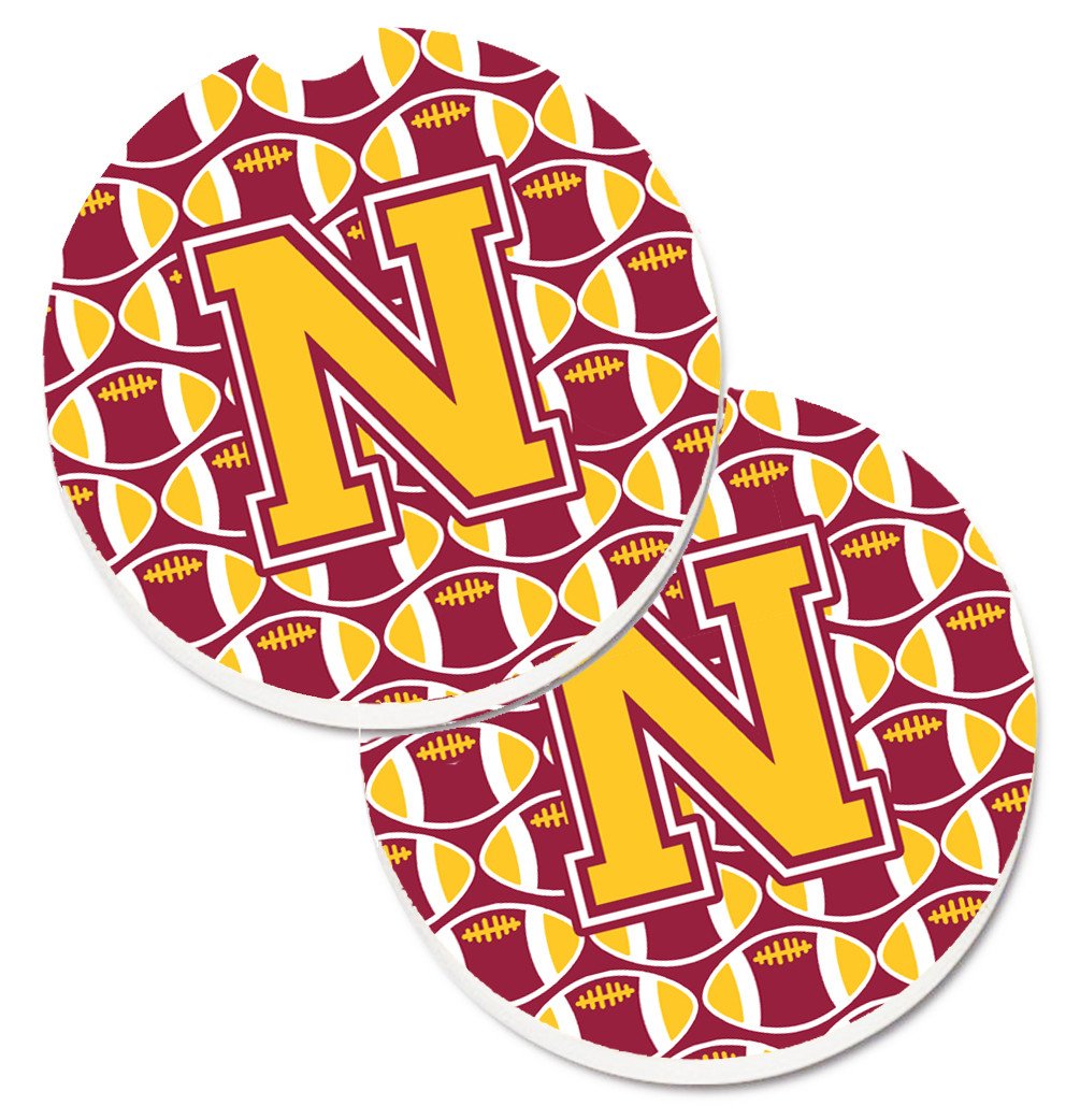 Letter N Football Maroon and Gold Set of 2 Cup Holder Car Coasters CJ1081-NCARC by Caroline's Treasures