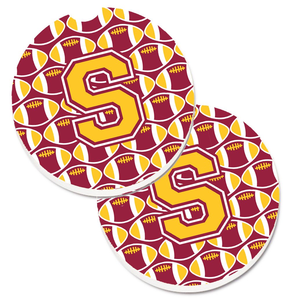 Letter S Football Maroon and Gold Set of 2 Cup Holder Car Coasters CJ1081-SCARC by Caroline's Treasures