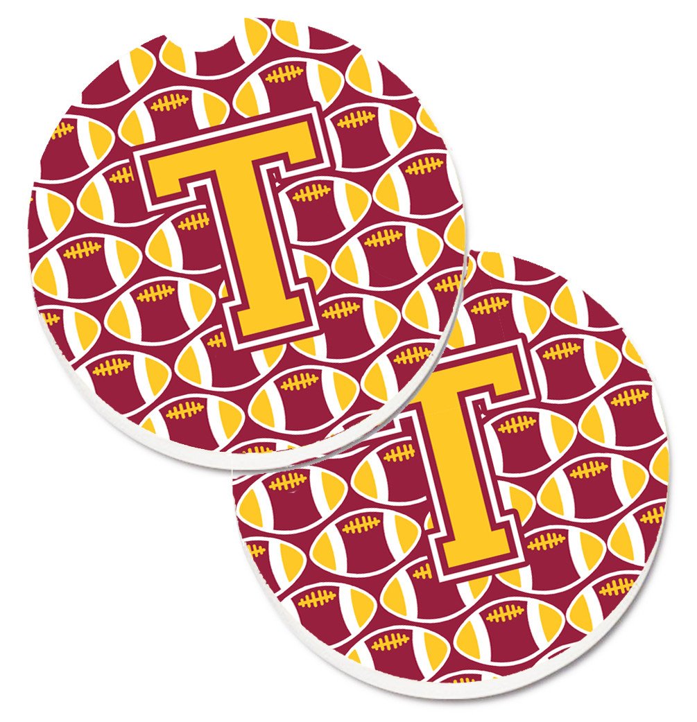 Letter T Football Maroon and Gold Set of 2 Cup Holder Car Coasters CJ1081-TCARC by Caroline&#39;s Treasures