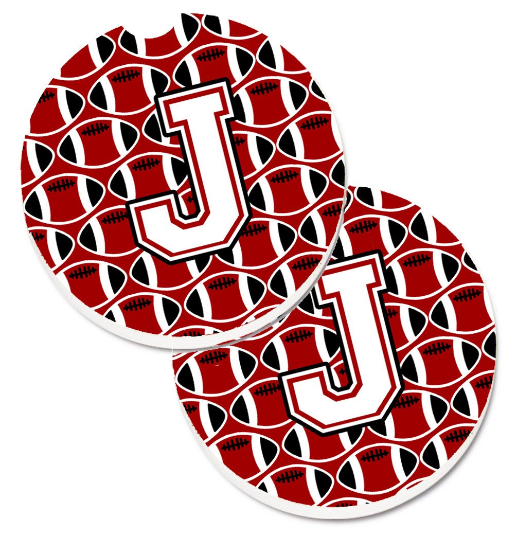 Letter J Football Cardinal and White Set of 2 Cup Holder Car Coasters CJ1082-JCARC by Caroline&#39;s Treasures