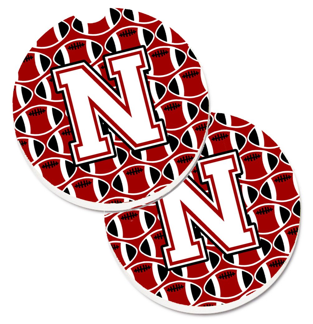 Letter N Football Cardinal and White Set of 2 Cup Holder Car Coasters CJ1082-NCARC by Caroline's Treasures