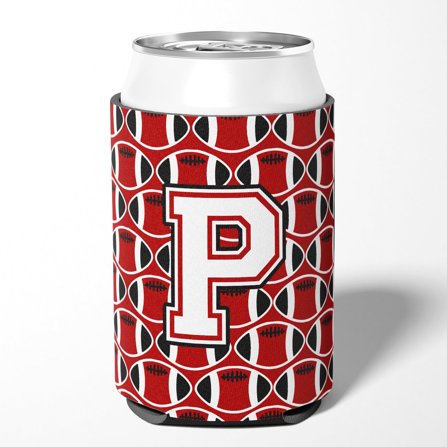 Letter P Football Cardinal and White Can or Bottle Hugger CJ1082-PCC.