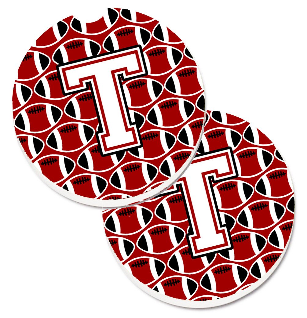 Letter T Football Cardinal and White Set of 2 Cup Holder Car Coasters CJ1082-TCARC by Caroline's Treasures