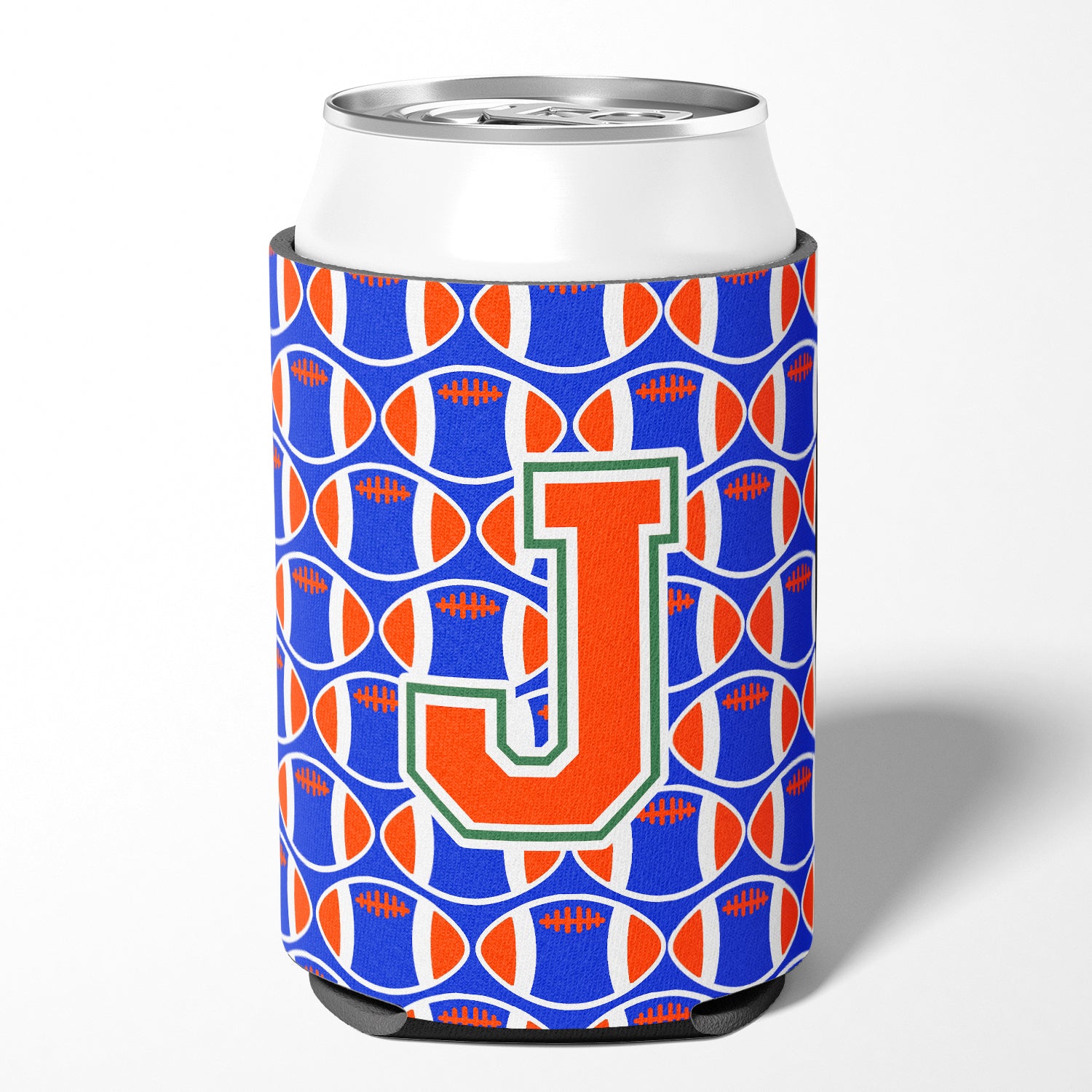 Letter J Football Green, Blue and Orange Can or Bottle Hugger CJ1083-JCC.