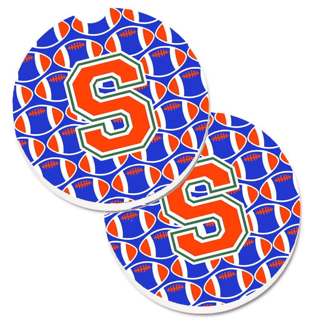 Letter S Football Green, Blue and Orange Set of 2 Cup Holder Car Coasters CJ1083-SCARC by Caroline's Treasures