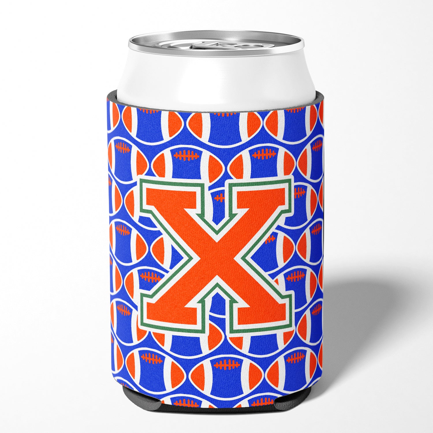 Letter X Football Green, Blue and Orange Can or Bottle Hugger CJ1083-XCC.