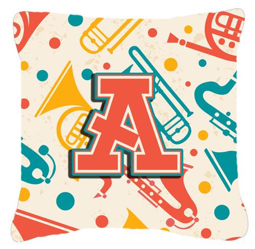 Letter A Retro Teal Orange Musical Instruments Initial Canvas Fabric Decorative Pillow by Caroline&#39;s Treasures