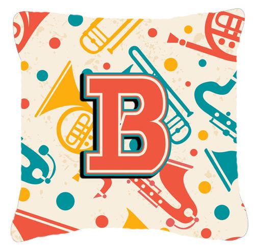 Letter B Retro Teal Orange Musical Instruments Initial Canvas Fabric Decorative Pillow by Caroline's Treasures