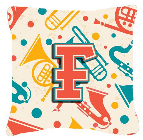 Letter F Retro Teal Orange Musical Instruments Initial Canvas Fabric Decorative Pillow by Caroline&#39;s Treasures