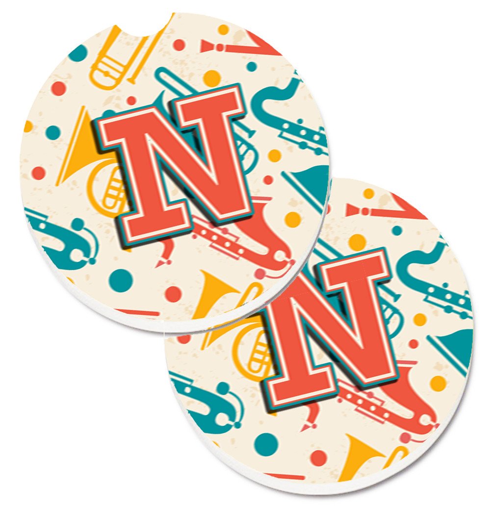 Letter N Retro Teal Orange Musical Instruments Initial Set of 2 Cup Holder Car Coasters CJ2001-NCARC by Caroline's Treasures