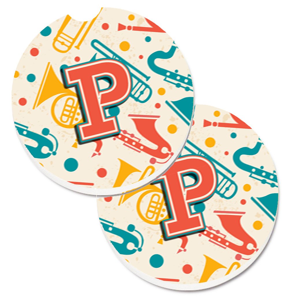 Letter P Retro Teal Orange Musical Instruments Initial Set of 2 Cup Holder Car Coasters CJ2001-PCARC by Caroline's Treasures