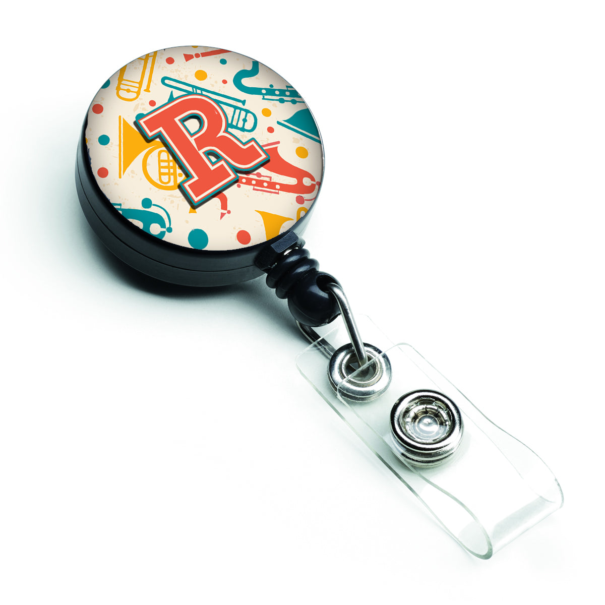 Letter R Retro Teal Orange Musical Instruments Initial Retractable Badge Reel CJ2001-RBR