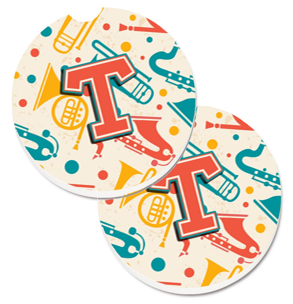 Letter T Retro Teal Orange Musical Instruments Initial Set of 2 Cup Holder Car Coasters CJ2001-TCARC by Caroline's Treasures