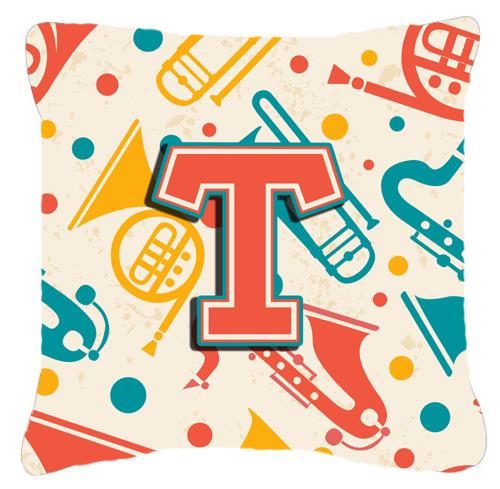 Letter T Retro Teal Orange Musical Instruments Initial Canvas Fabric Decorative Pillow by Caroline's Treasures