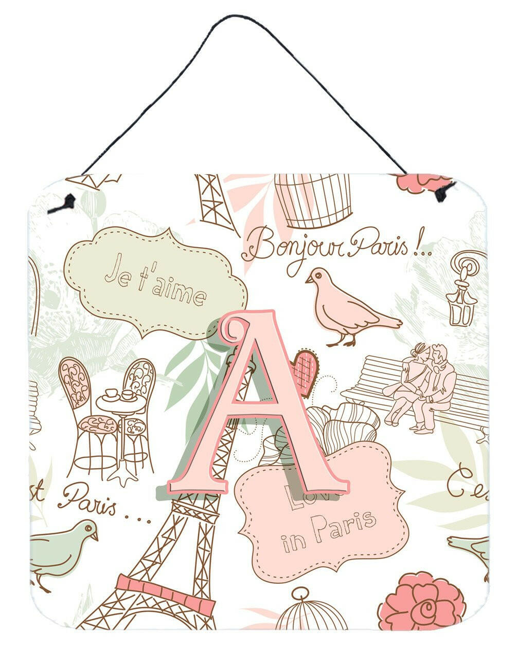 Letter A Love in Paris Pink Wall or Door Hanging Prints CJ2002-ADS66 by Caroline's Treasures