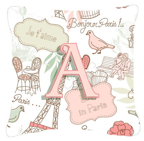 Letter A Love in Paris Pink Canvas Fabric Decorative Pillow by Caroline's Treasures