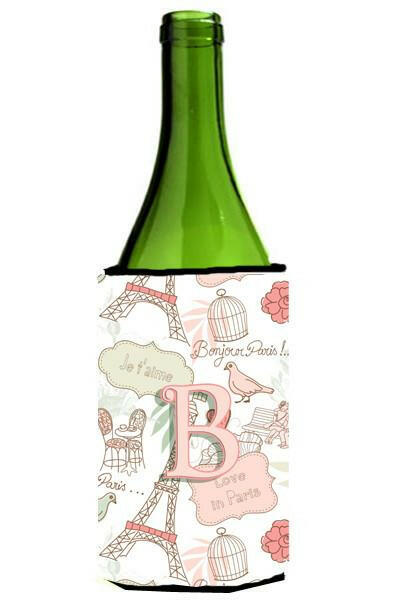 Letter B Love in Paris Pink Wine Bottle Beverage Insulator Hugger CJ2002-BLITERK by Caroline's Treasures