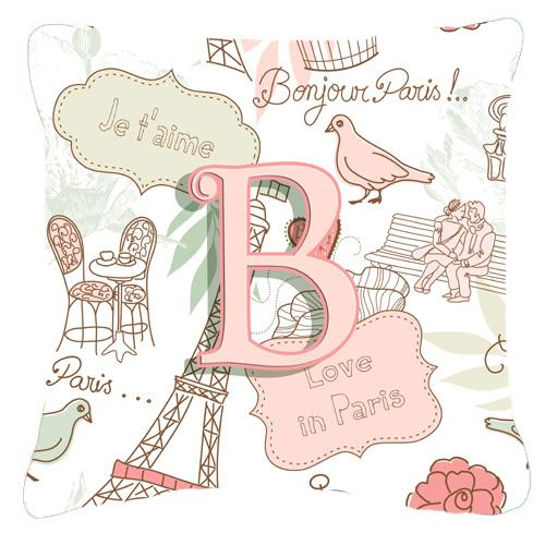Letter B Love in Paris Pink Canvas Fabric Decorative Pillow by Caroline's Treasures