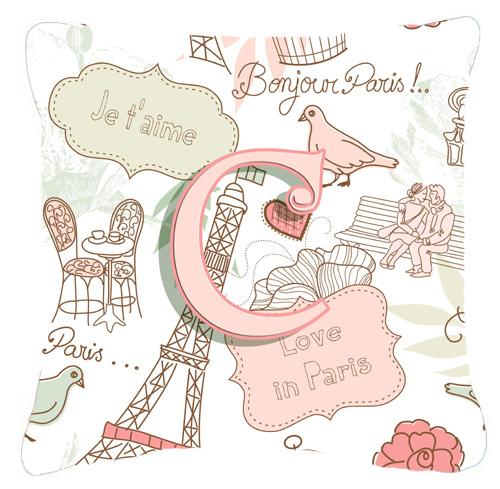 Letter C Love in Paris Pink Canvas Fabric Decorative Pillow by Caroline's Treasures