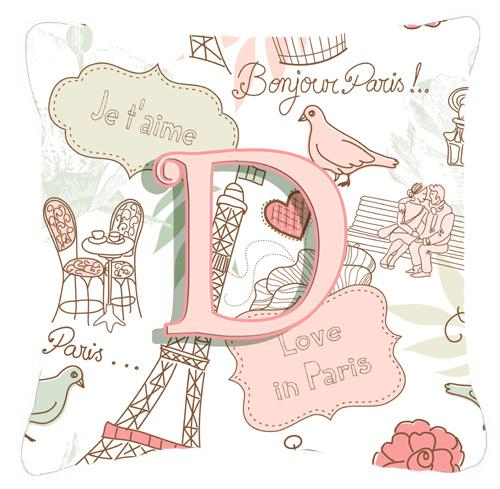 Letter D Love in Paris Pink Canvas Fabric Decorative Pillow by Caroline's Treasures