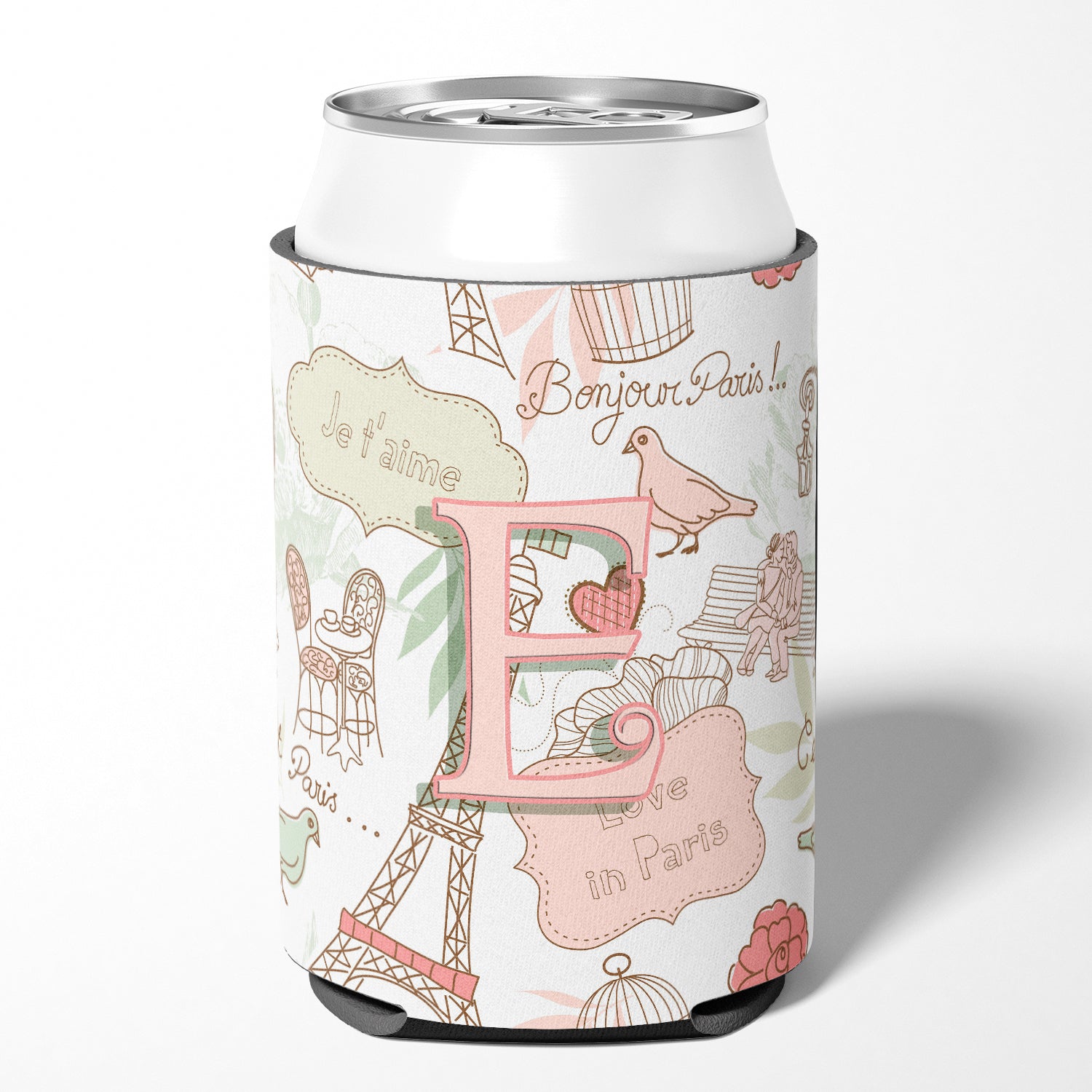 Letter E Love in Paris Pink Can or Bottle Hugger CJ2002-ECC.