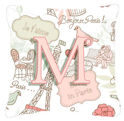 Letter M Love in Paris Pink Canvas Fabric Decorative Pillow by Caroline's Treasures
