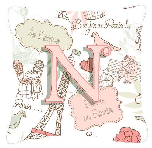 Letter N Love in Paris Pink Canvas Fabric Decorative Pillow by Caroline&#39;s Treasures