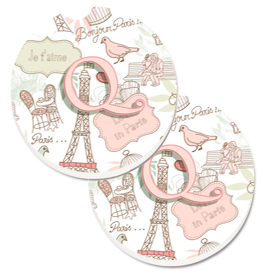 Letter Q Love in Paris Pink Set of 2 Cup Holder Car Coasters CJ2002-QCARC by Caroline's Treasures