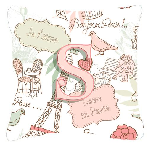 Letter S Love in Paris Pink Canvas Fabric Decorative Pillow by Caroline's Treasures