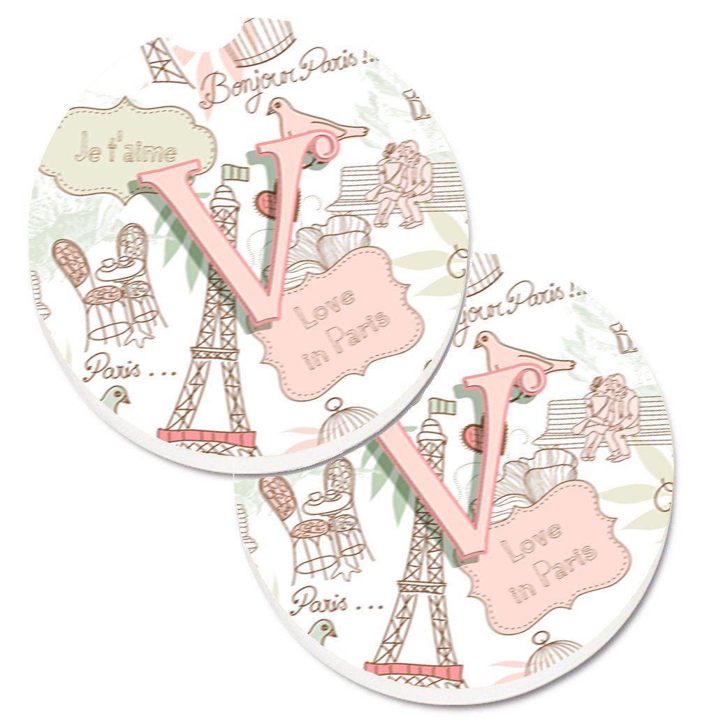 Letter V Love in Paris Pink Set of 2 Cup Holder Car Coasters CJ2002-VCARC by Caroline's Treasures