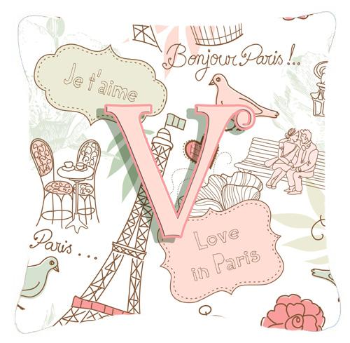 Letter V Love in Paris Pink Canvas Fabric Decorative Pillow by Caroline&#39;s Treasures