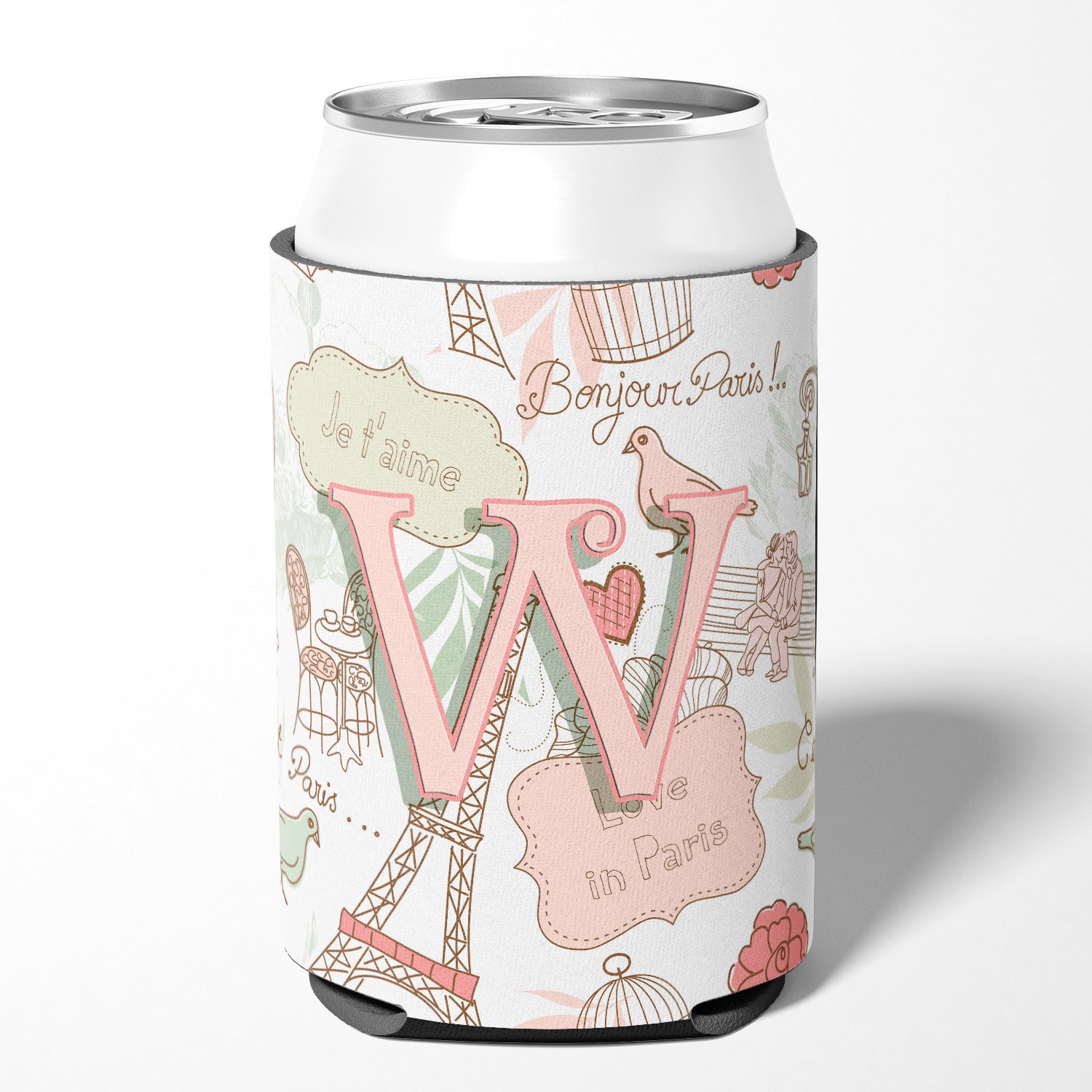 Letter W Love in Paris Pink Can or Bottle Hugger CJ2002-WCC.