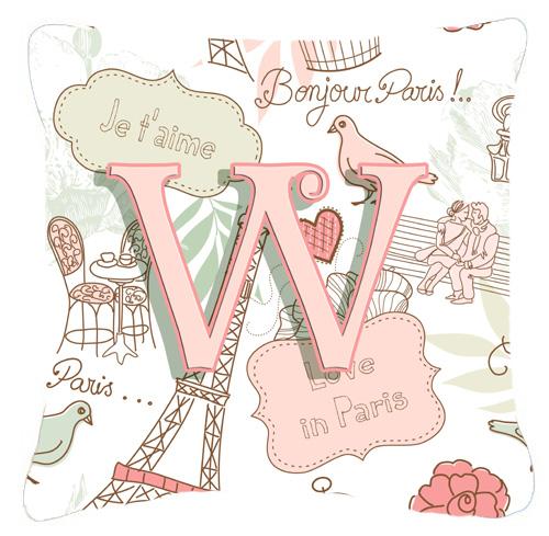 Letter W Love in Paris Pink Canvas Fabric Decorative Pillow by Caroline's Treasures